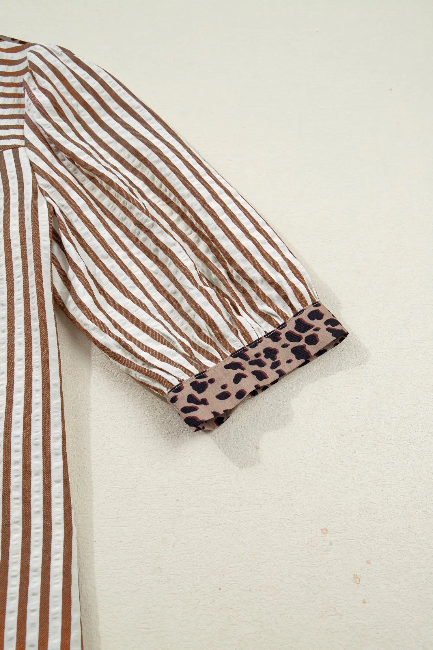 Brown Stripe Leopard Trim V Neck Button Down Half Sleeve Shirt Dear-Lover Dropshipping