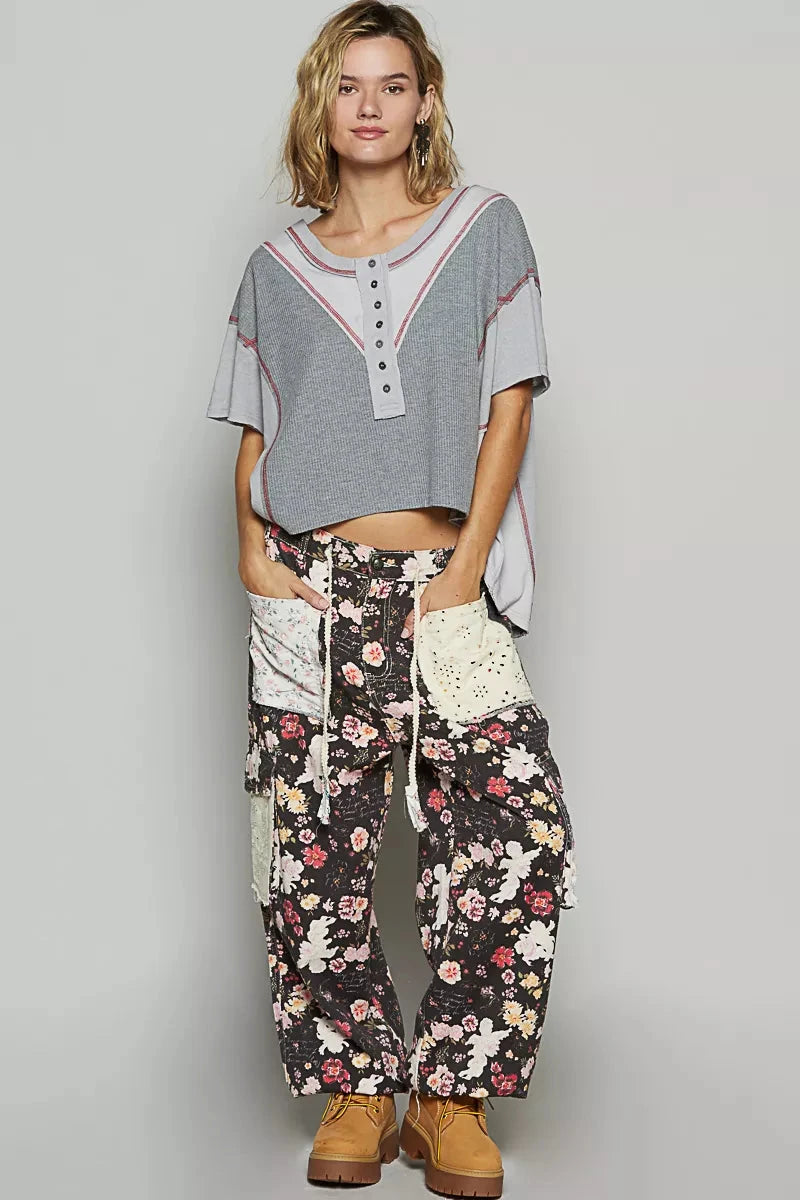 Pol Round Neck Short Sleeve Top With Back Strap Detail And Contrast Stitching Simply Love