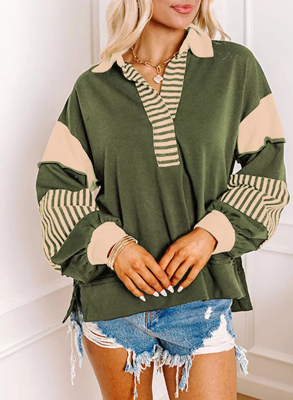 Color Block Striped Johnny Collar Sweatshirt Simply Love