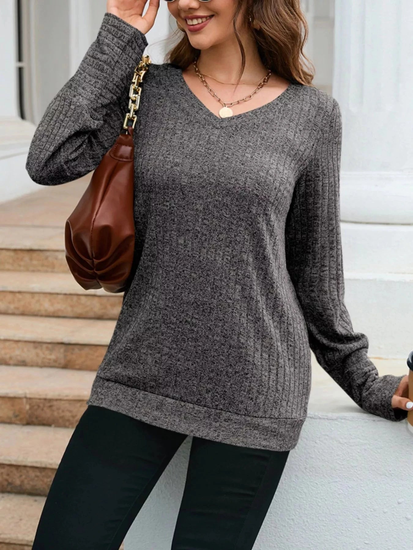 V-Neck Textured Knit Long Sleeve T-Shirt Simply Love