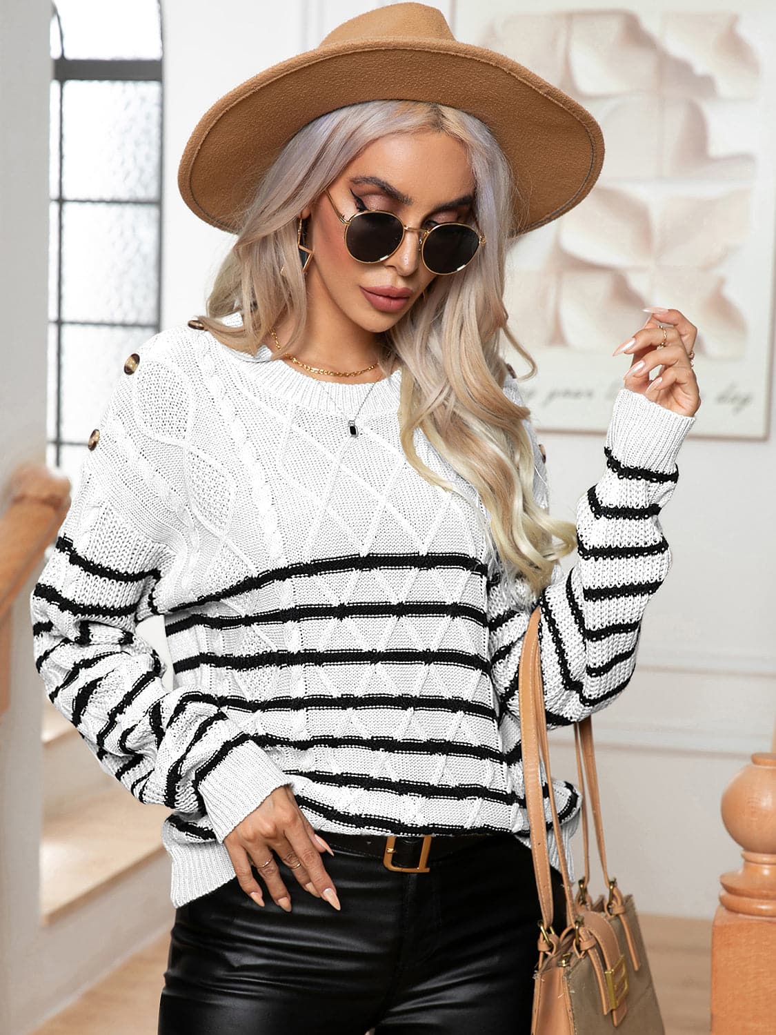 Striped Round Neck Cable-Knit Sweater.