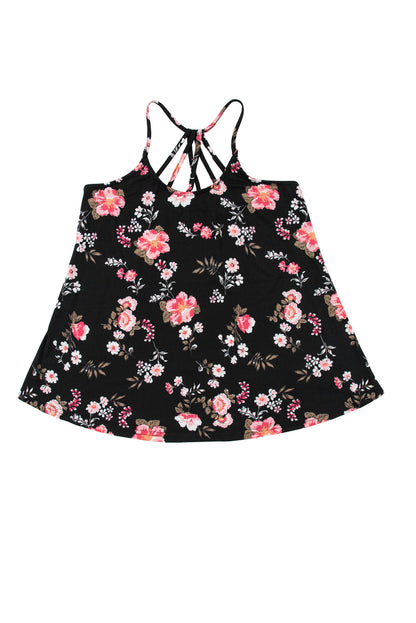 Chic black floral strappy tank top with daring back design