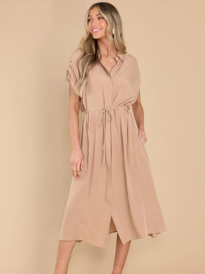 Drawstring Collared Neck Short Sleeve Midi Dress.