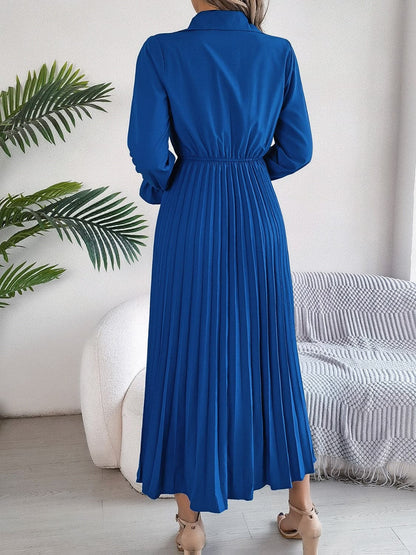 Pleated Half Button Long Sleeve Midi Dress.