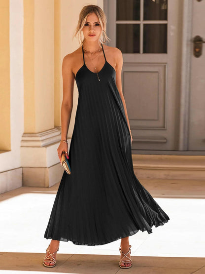 Pleated Halter Neck Sleeveless Dress.