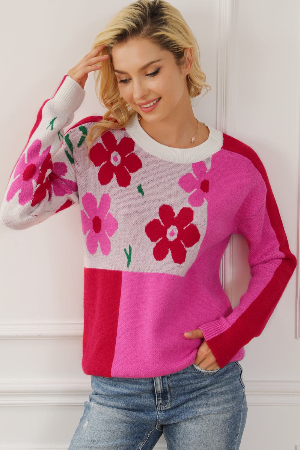 Floral Round Neck Dropped Shoulder Sweater.