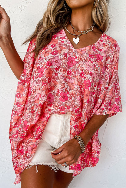 Pink floral boho kimono-style blouse with V neckline