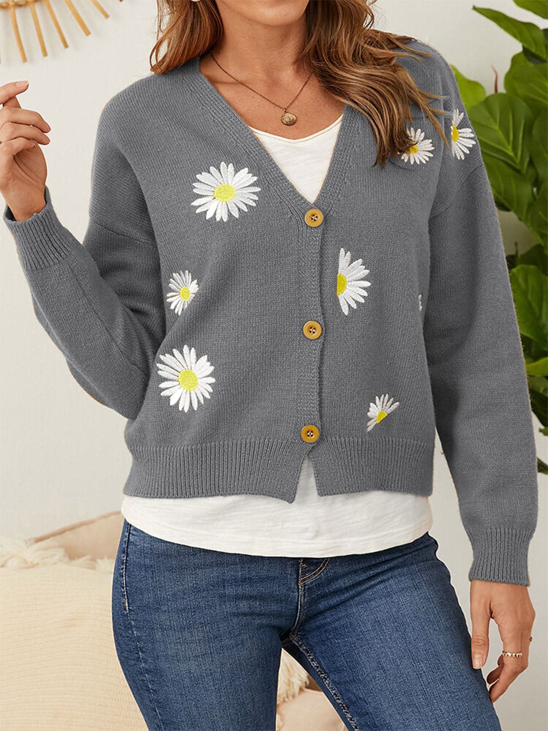 Flower Button Front Dropped Shoulder Cardigan.