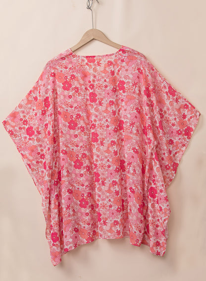 Pink floral boho kimono-style blouse with V neckline