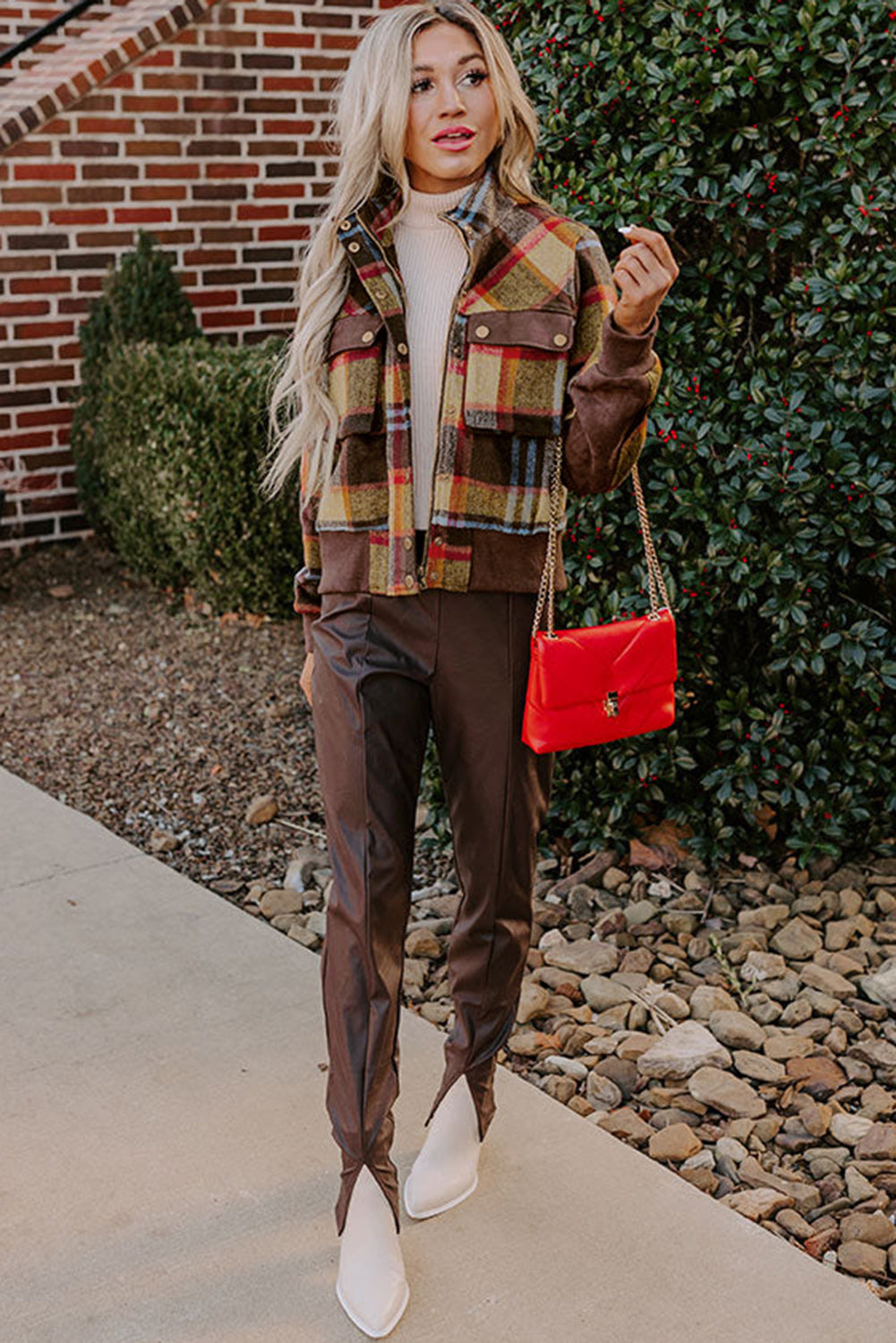 Stylish brown plaid jacket with chest pockets and stand neck design