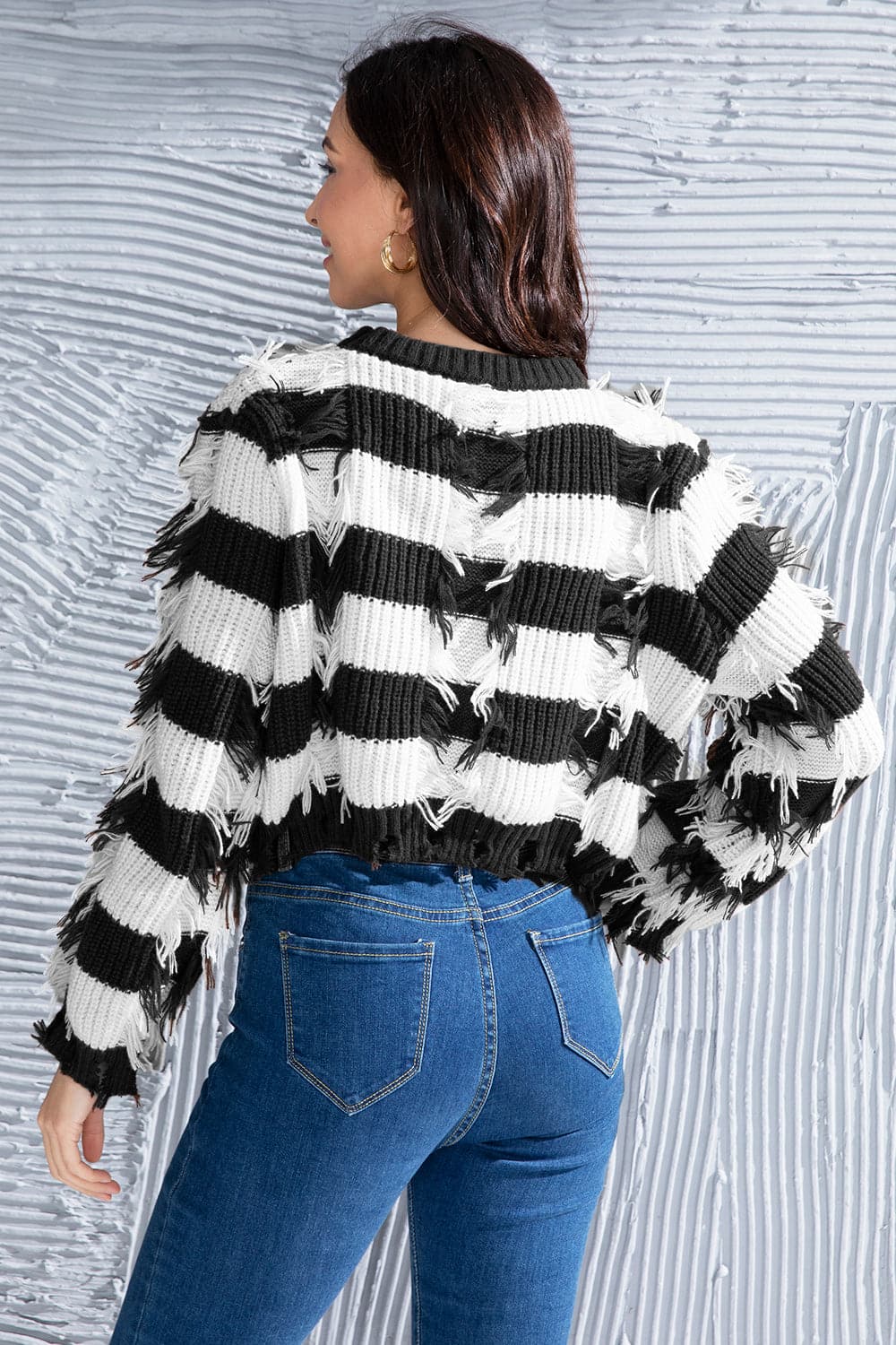 Striped Fringe Round Neck Sweater.