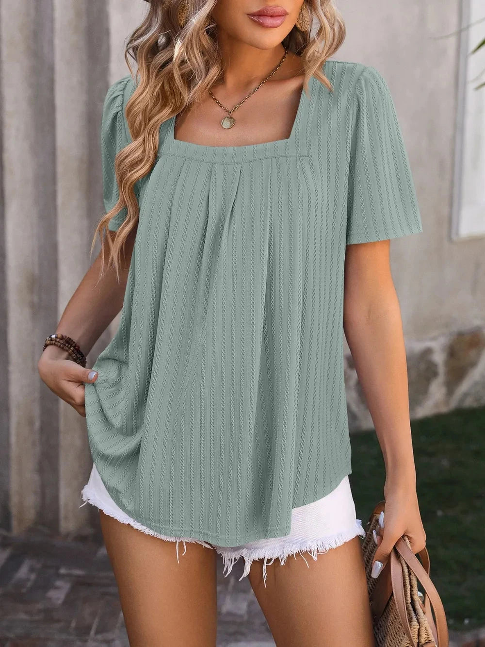 Mandy Ruched Square Neck Short Sleeve Blouse Coco’s Tee Boutique