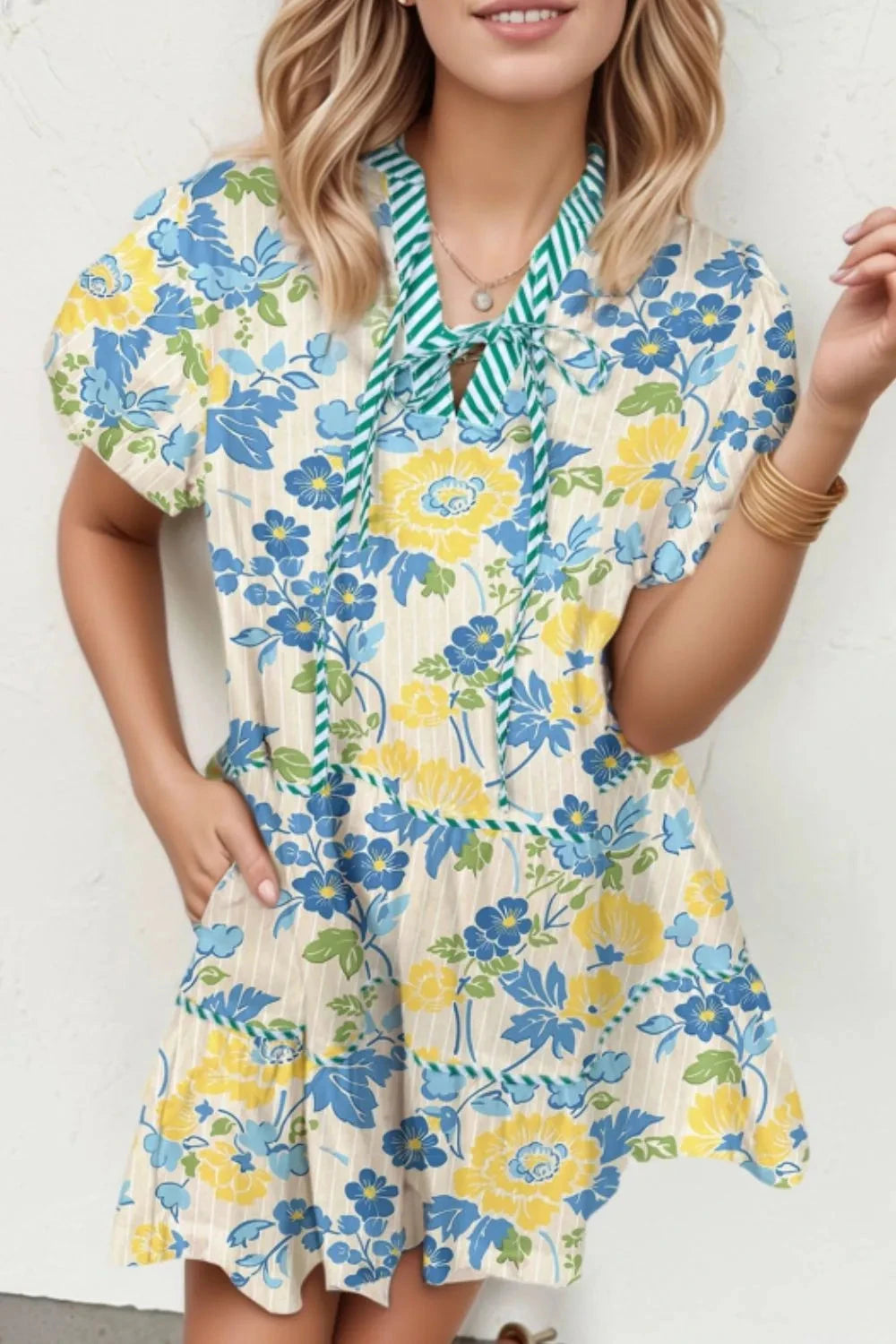 Floral Striped Trim Puff Short Sleeve Dress Simply Love