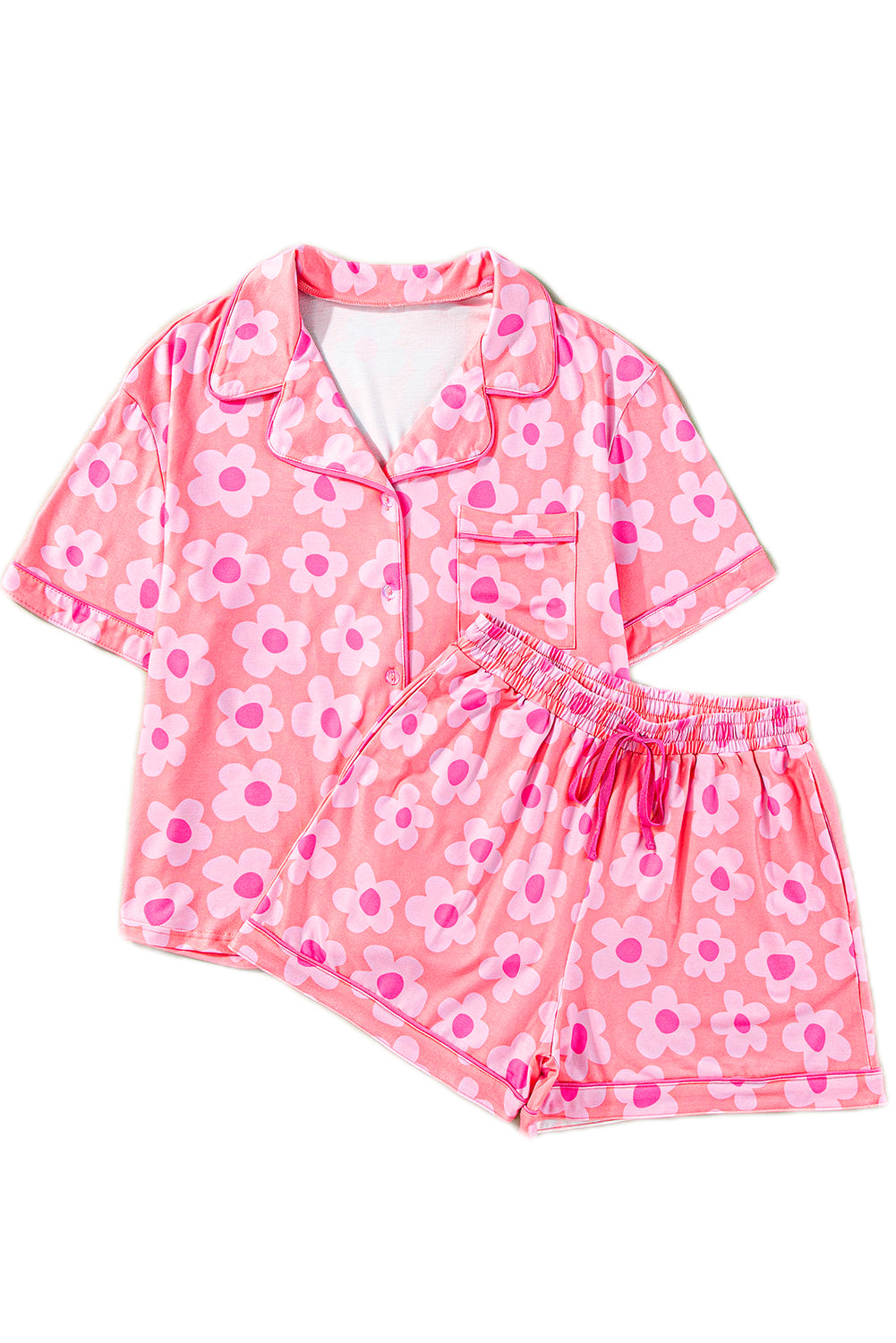 Charming pink floral short sleeve pajama set with drawstring shorts