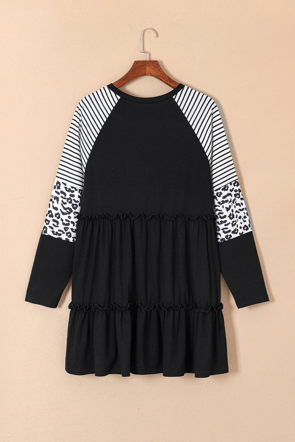 Chic black plus size ruffled dress with leopard and striped sleeves