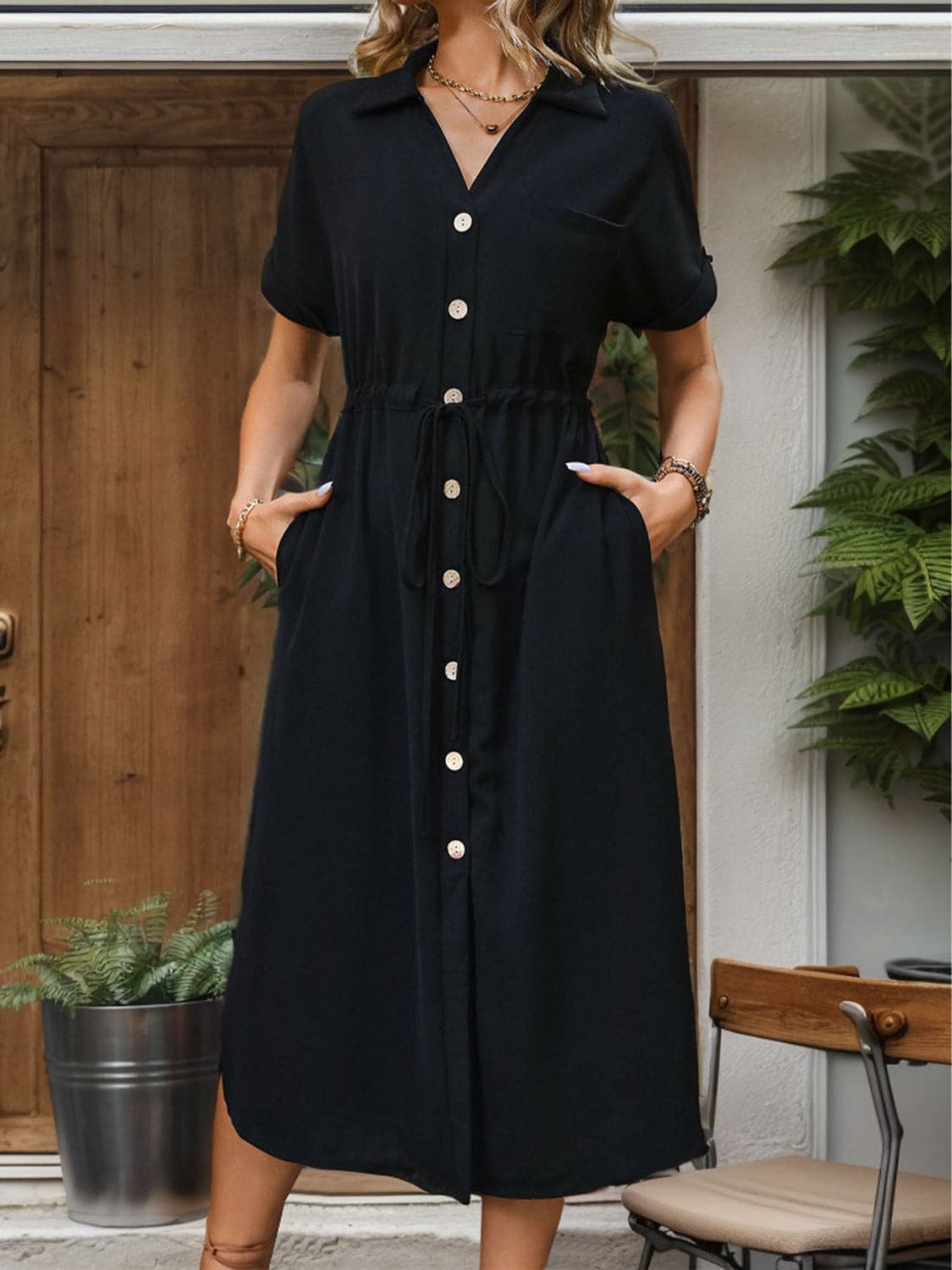 Slit Drawstring Button Up Short Sleeve Midi Dress.