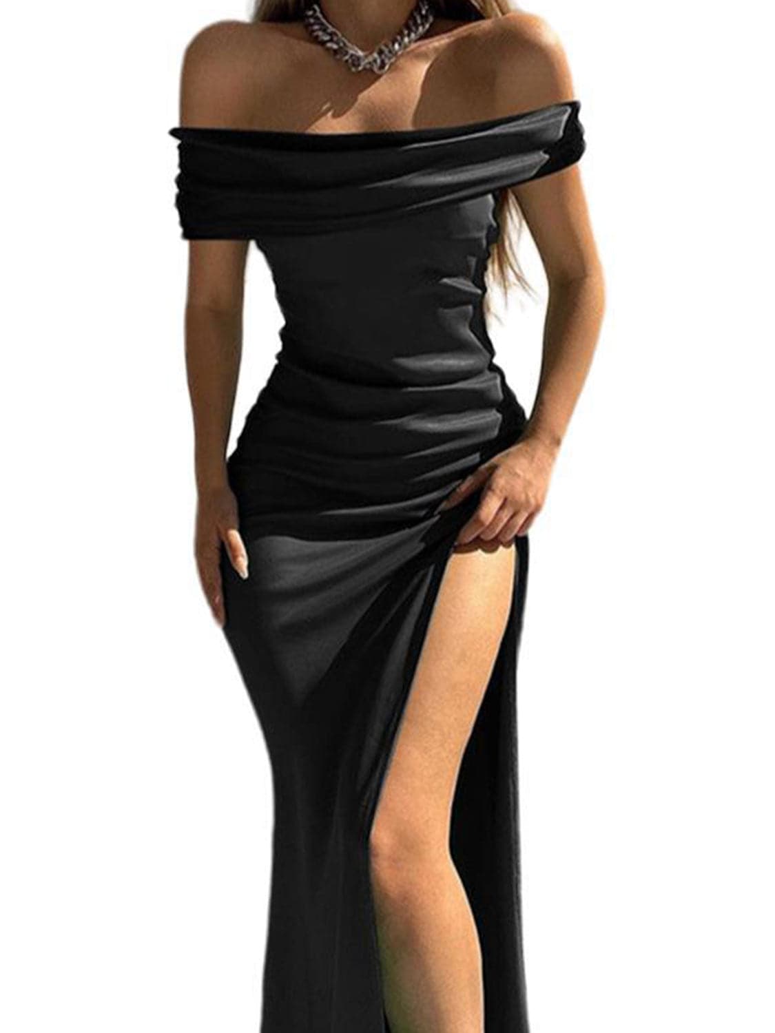 Split Ruched Off-Shoulder Dress.