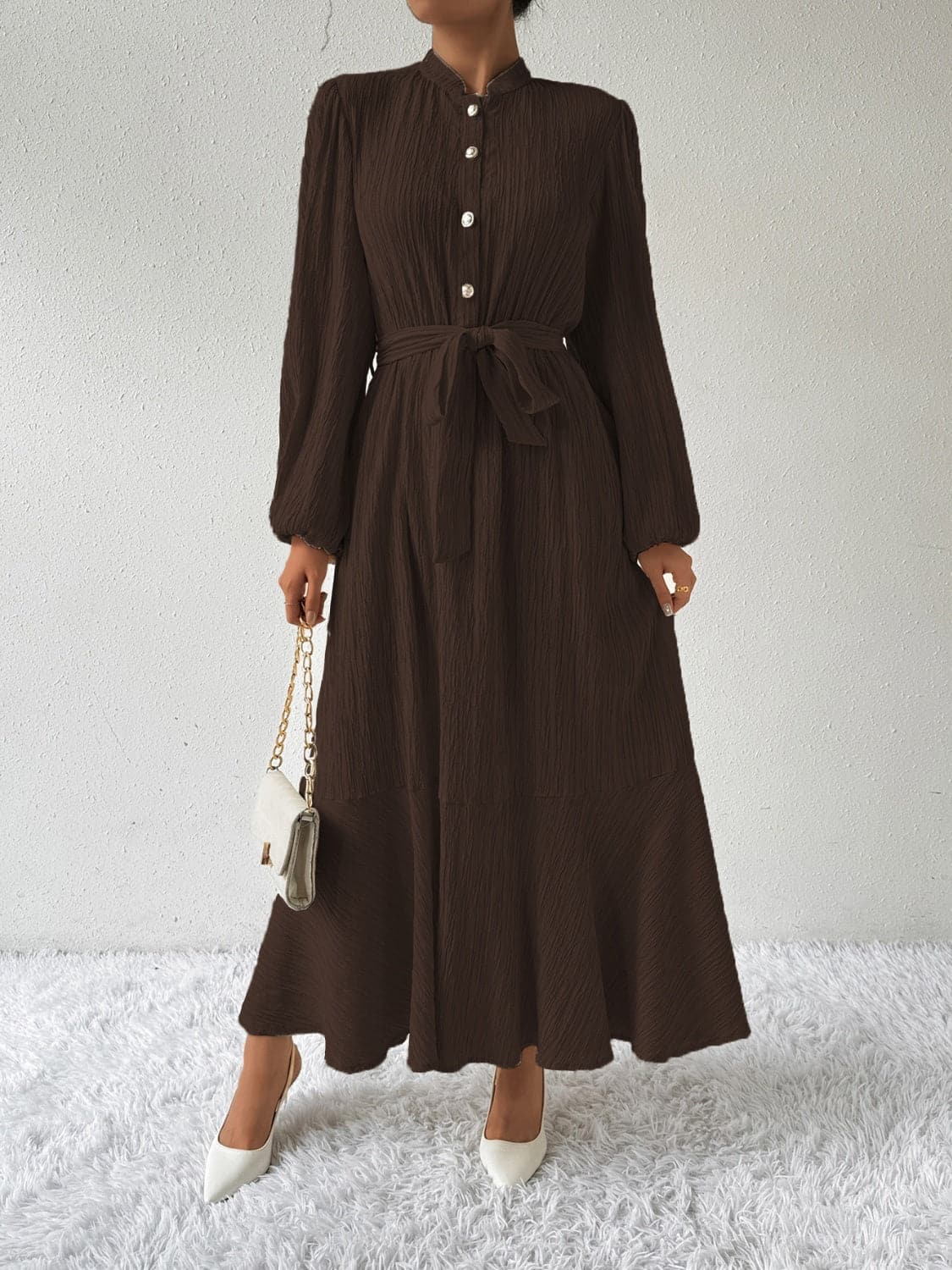 Tie Waist Long Sleeve Dress.