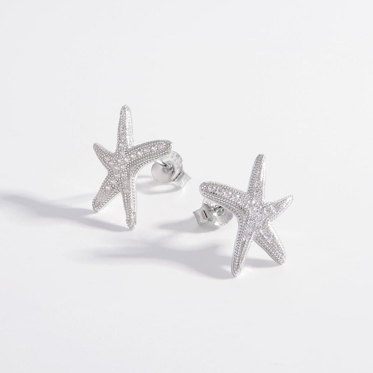 925 Sterling Silver Inlaid Zircon Starfish Earrings.