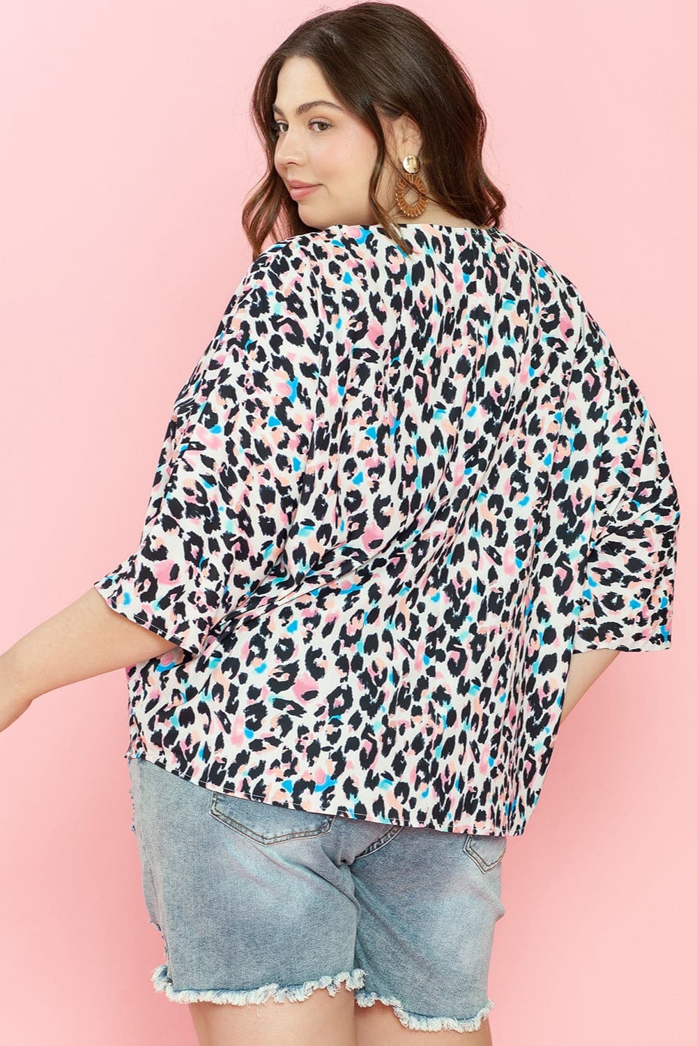 Plus Size Leopard V-Neck Three-Quarter Sleeve Blouse.