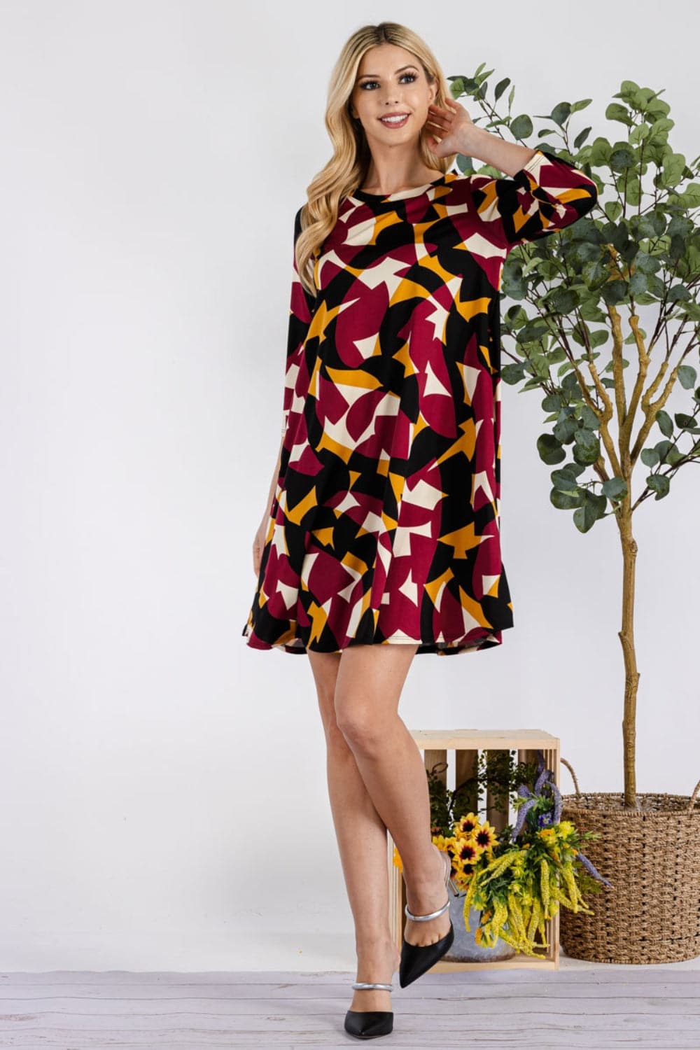 Celeste Full Size Geometric Round Neck Dress with Pockets.