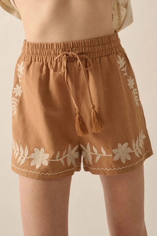 Embroidered Boho Tasseled Drawstring Elastic Waist Casual Shorts Simply Love