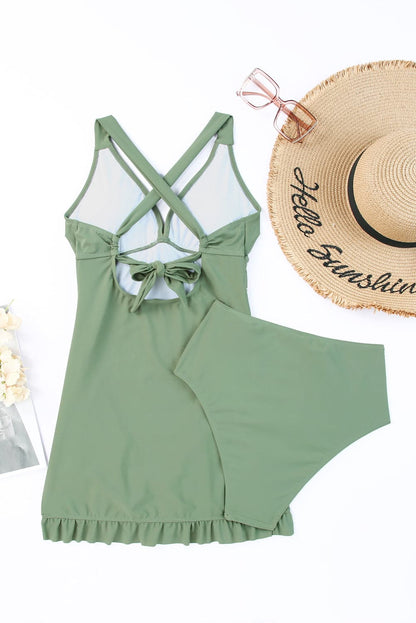 Tie Back Sleeveless Swim Dress and Bottoms Set.