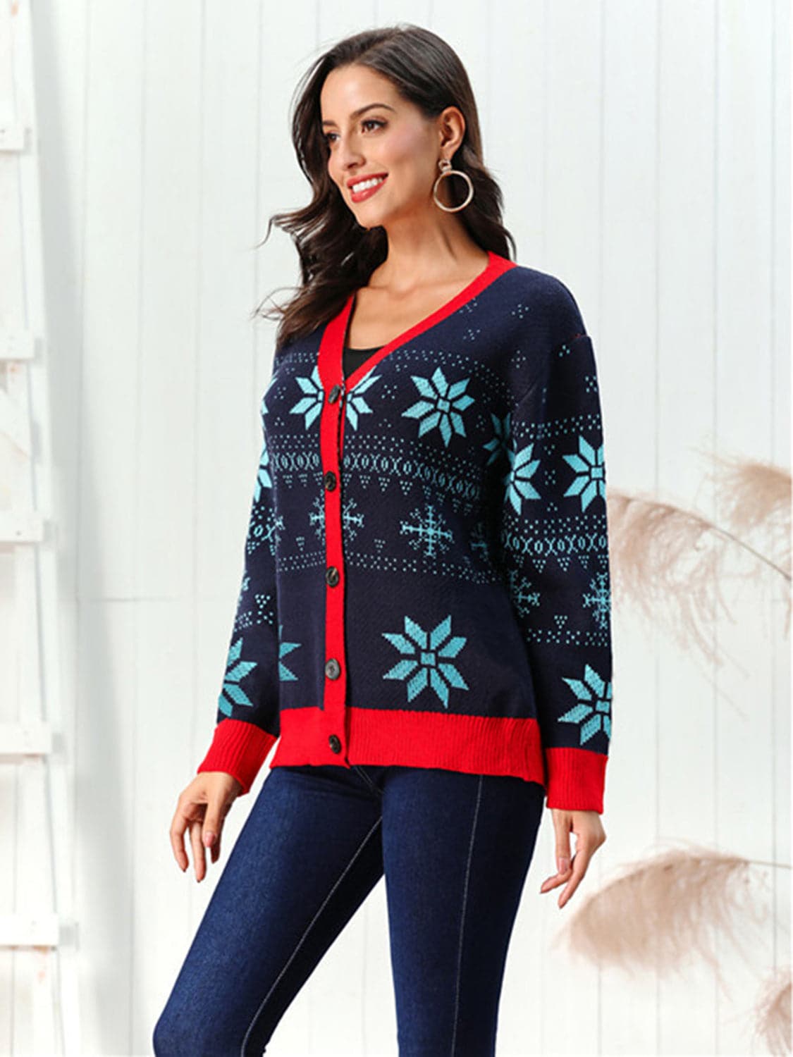 Snowflake Pattern Button Down Cardigan.