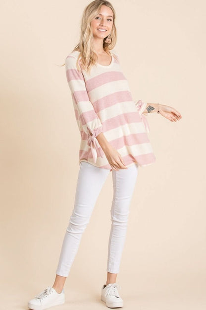 Reborn J Ribbon Cuff Contrast Striped Hacci Top