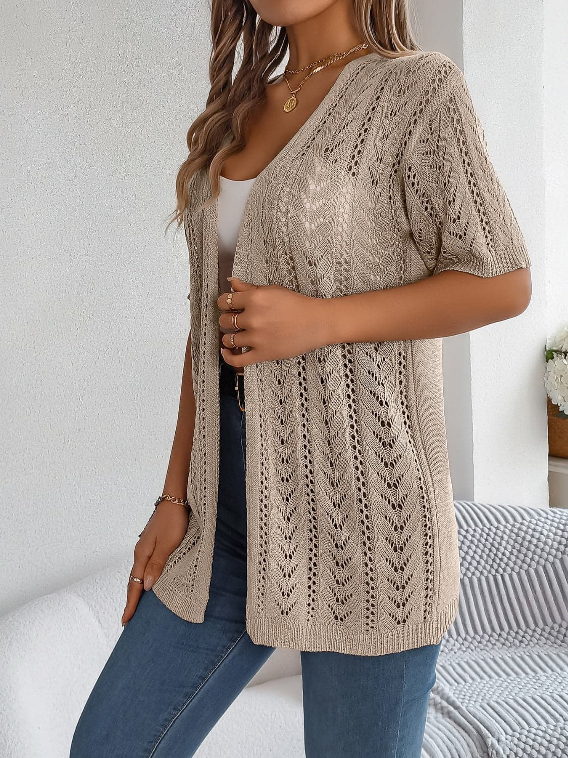 Openwork Open Front Half Sleeve Cardigan.