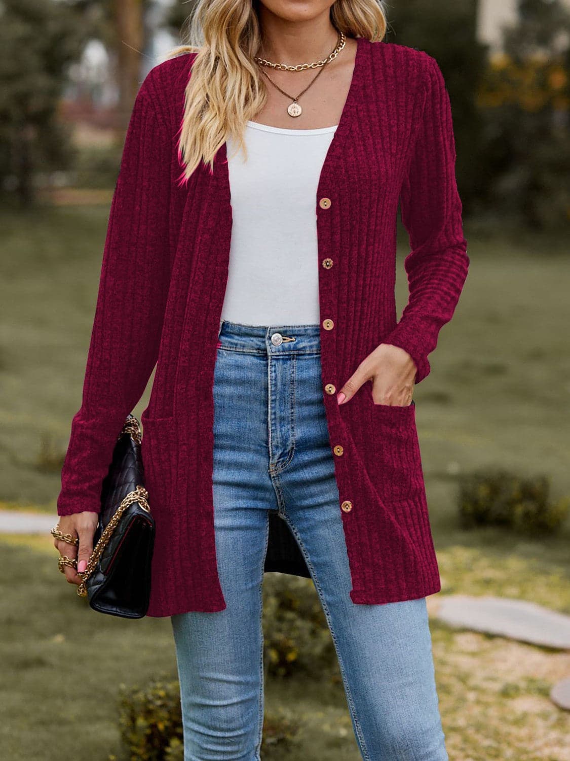 Ribbed Button Up Long Sleeve Cardigan.