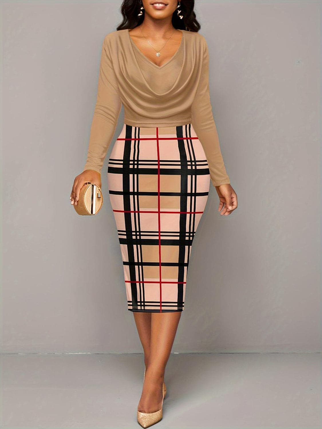 Plus Size Plaid Long Sleeve Mini Dress.