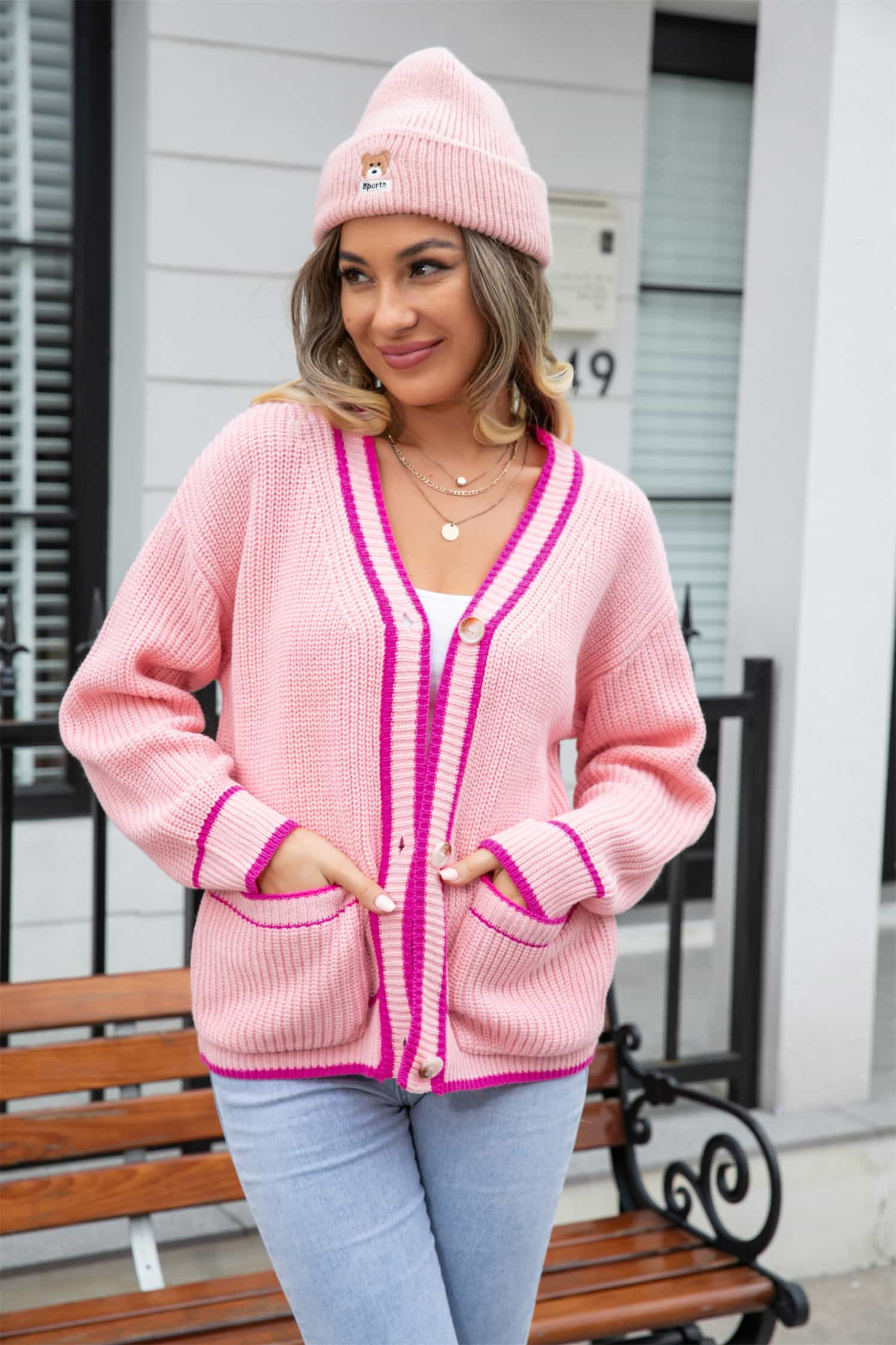 Waffle Knit V-Neck Cardigan with Pocket.