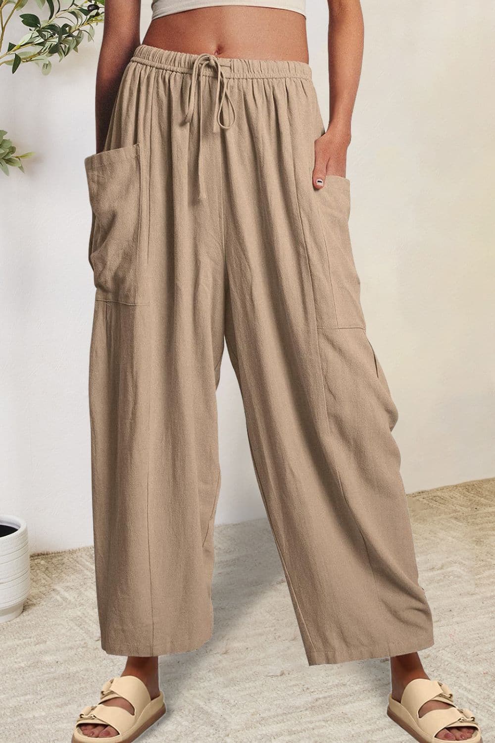 Full Size Pocketed Drawstring Wide Leg Pants.