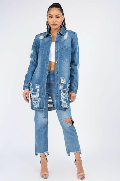 American Bazi Distressed Button Down Denim Shirt Jacket.