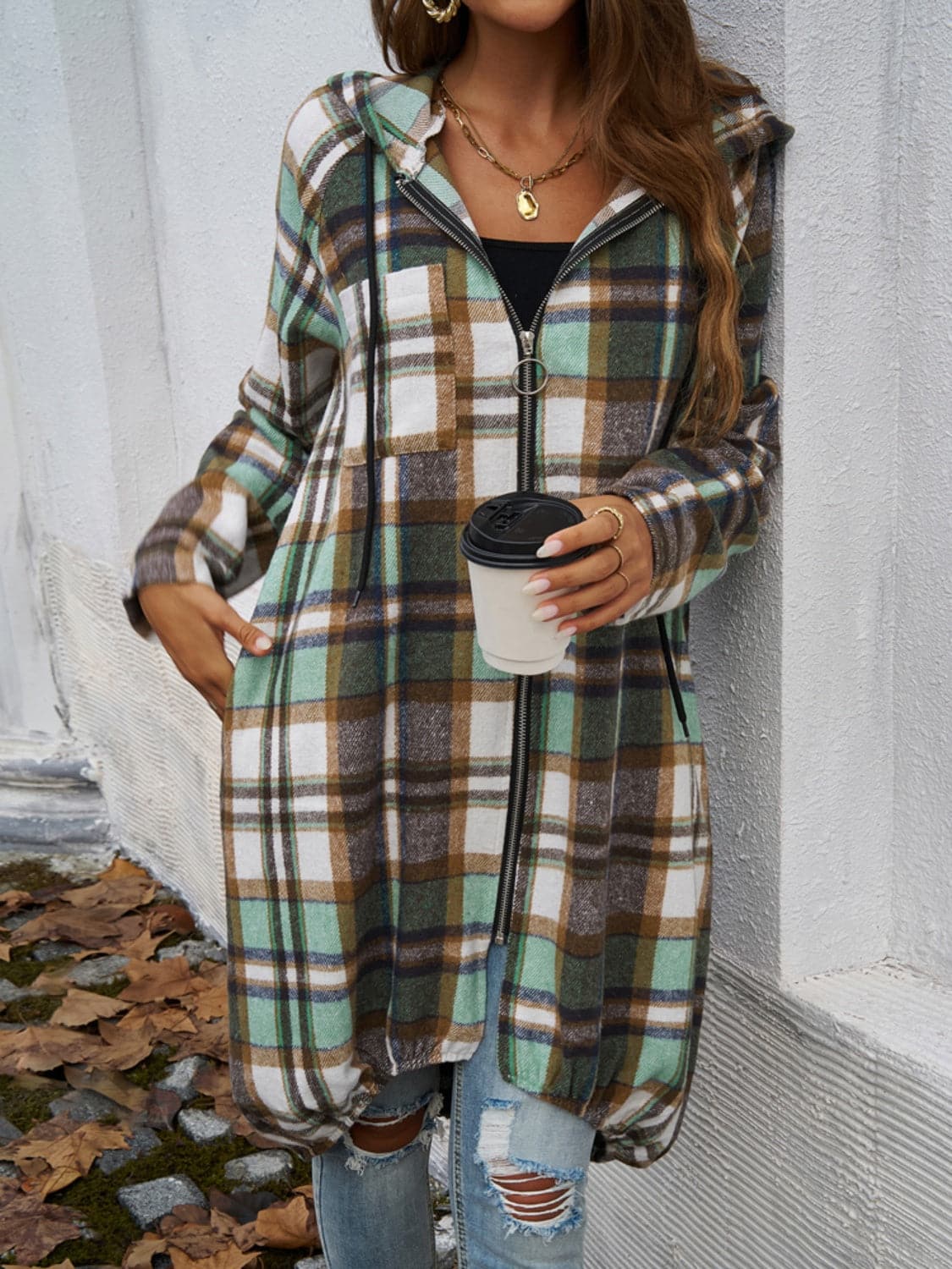 Plaid Zip Up Hooded Coat.