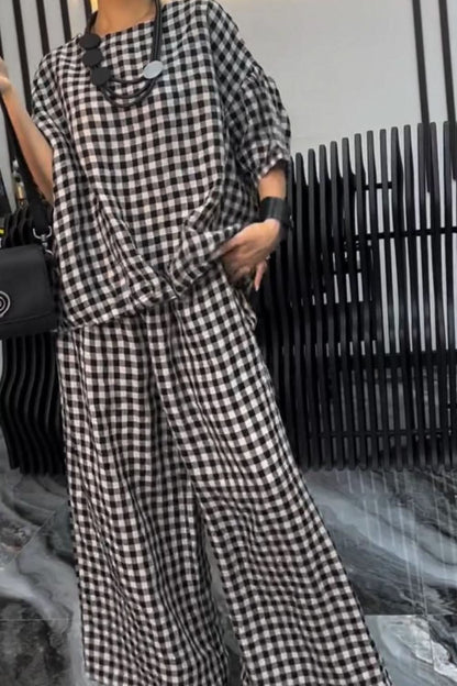 Plaid two-piece half sleeve top and pant ensemble