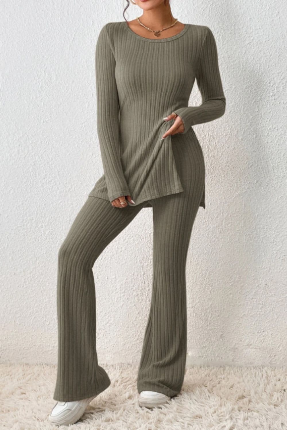 Ribbed Long Sleeve Slit Top and Bootcut Pants Set.