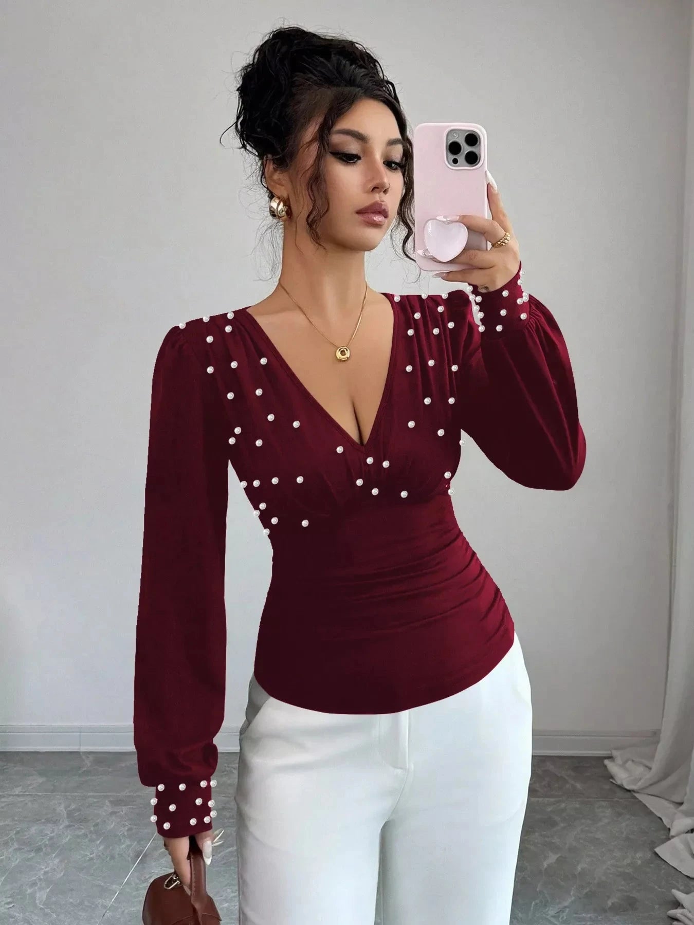 Burgundy Pearl Embellished Ruched V Neck Blouse With Long Sleeves Simply Love
