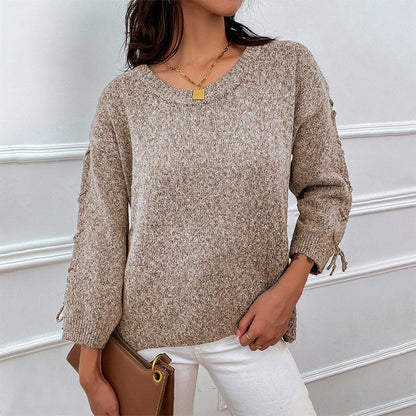 Lace-Up Long Sleeve Round Neck Sweater.