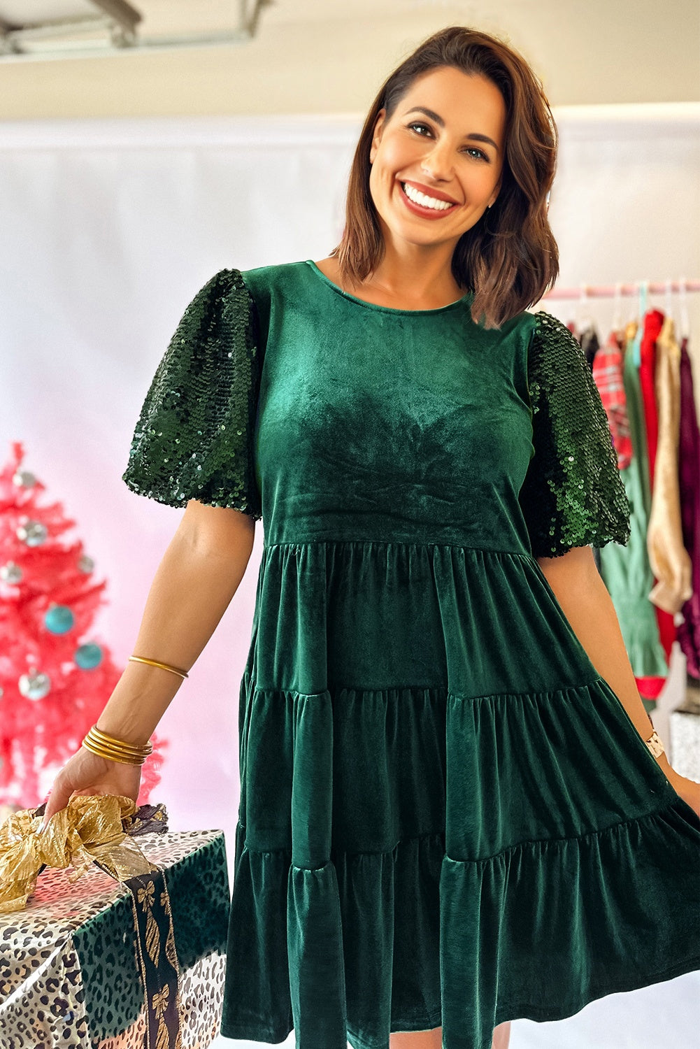 Evergreen Sequin Puff Sleeve High Waist Velvet Mini Dress Dear-Lover Dropshipping