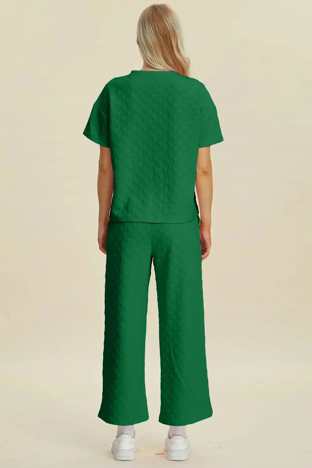 Double Take Full Size Texture Round Neck Short Sleeve Top and Pants Set - Love Salve