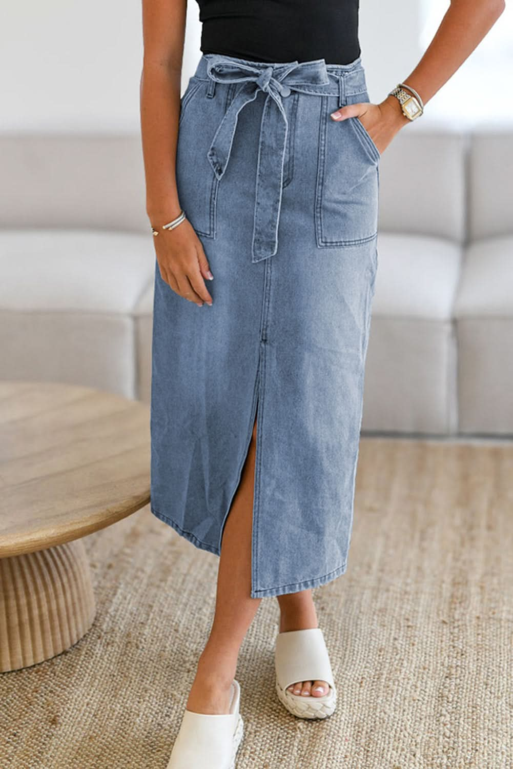 Dusk Blue High-Waisted Belted Midi Denim Skirt with Split Detail