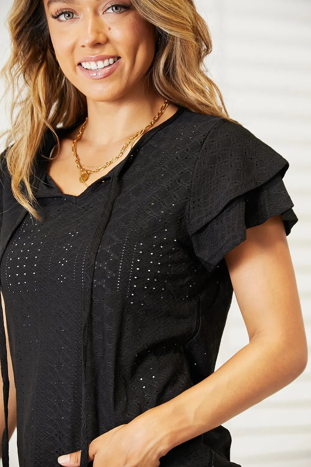 Double Take Eyelet Tie-Neck Flutter Sleeve Blouse - Love Salve