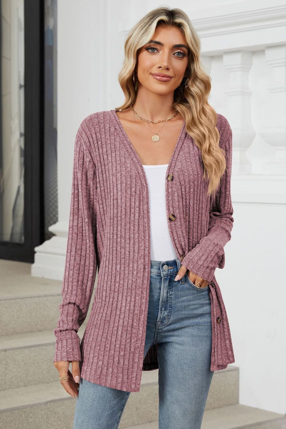 Ribbed Button Up Long Sleeve Cardigan.