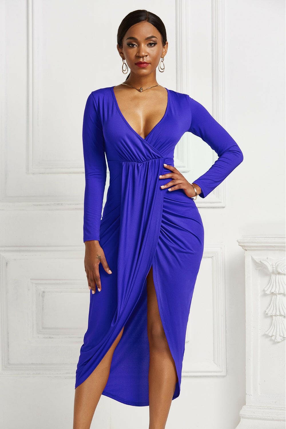 High-low Ruched Surplice Long Sleeve Dress.