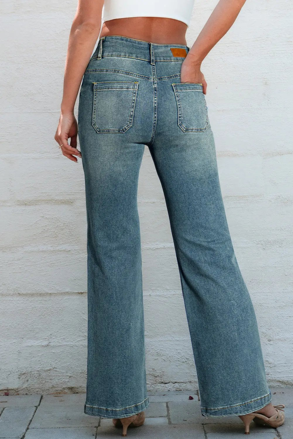 Amyra Double Button Patch Pocket Flare Leg Jeans - Love Salve 