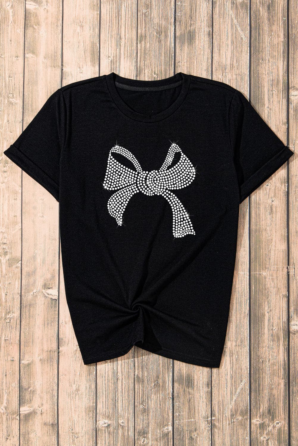 Rhinestone Bow Graphic Round Neck Short Sleeve T-Shirt.