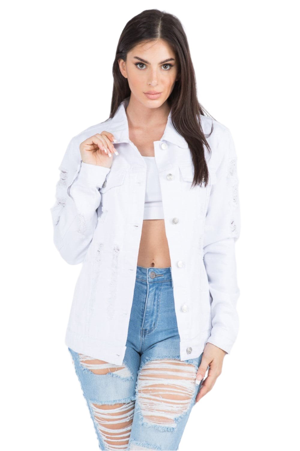 Distressed back button-down denim jacket with a modern twist