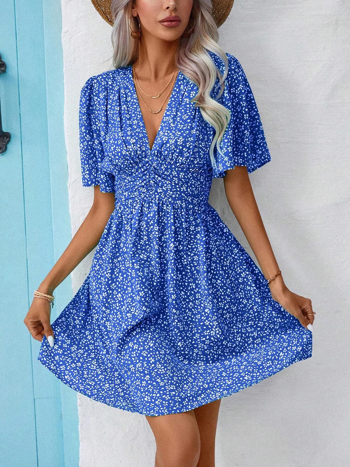 Printed V-Neck Half Sleeve Mini Dress.